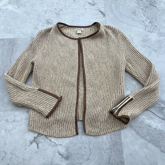 Cardigan Sweater Size Medium M Beige Open Front Faux Leather Trim - Picture 1 of 8